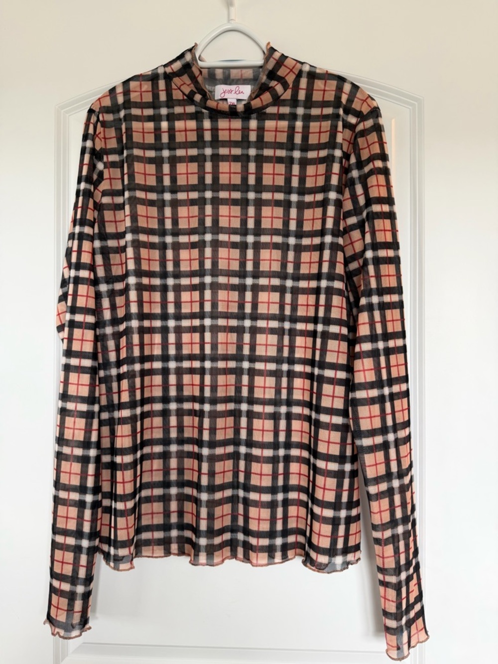 Mock Neck Plaid Long-Sleeve Top - Beige/Black/Red - Joie-like